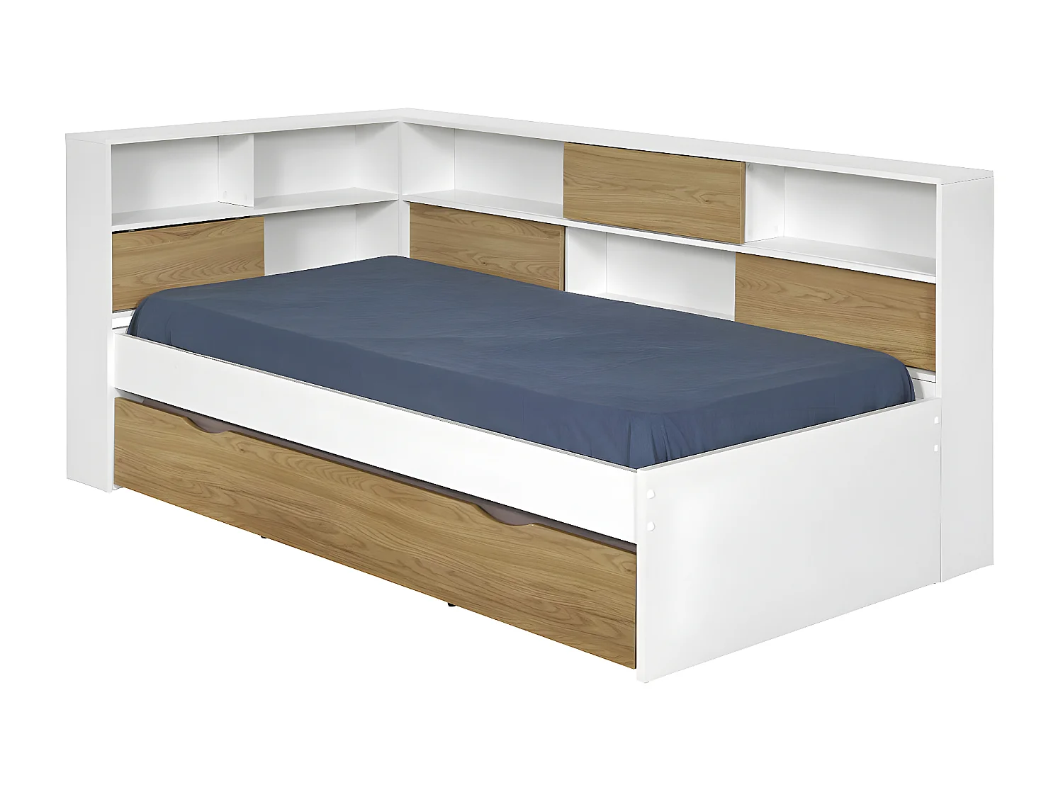 Pack lit cosy avec tiroir et matelas 90x190 cm panneaux de fibres blanc et bois PLAY