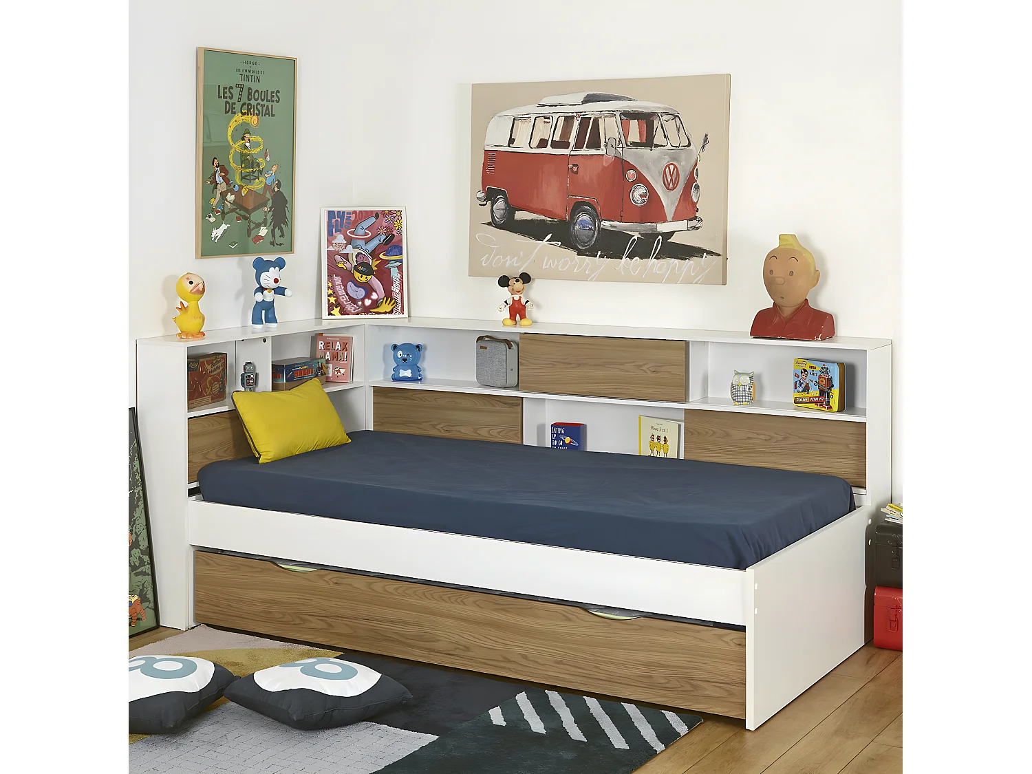 Pack lit cosy avec tiroir et matelas 90x190 cm panneaux de fibres blanc et bois PLAY