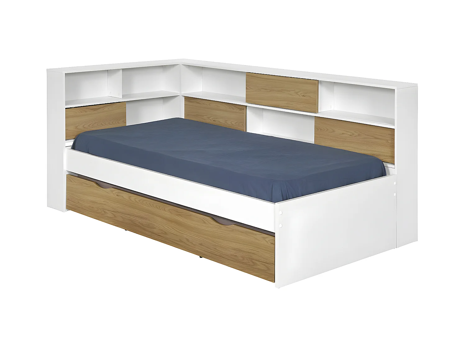 Pack lit cosy avec tiroir et matelas 90x190 cm panneaux de fibres blanc et bois PLAY