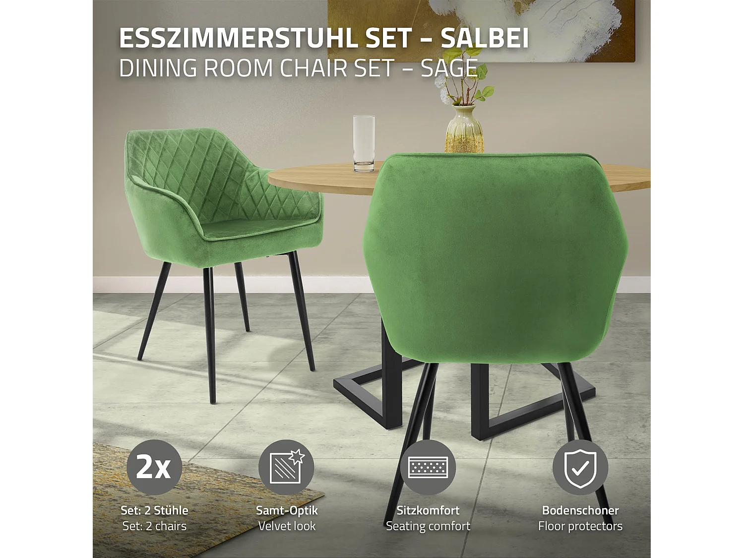 Lot de 2 chaises de salle à manger vert sauge assise dossier et accoudoirs ergonomiques revêtement en velours doux pieds noir en acier design moderne