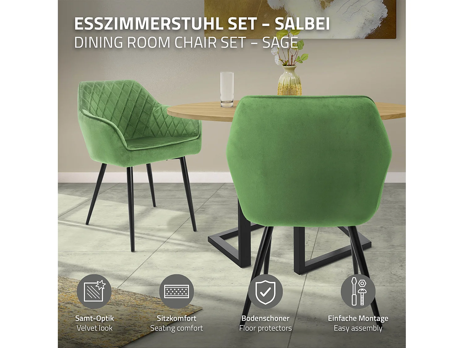Lot de 2 chaises de salle à manger vert sauge assise dossier et accoudoirs ergonomiques revêtement en velours doux pieds noir en acier design moderne