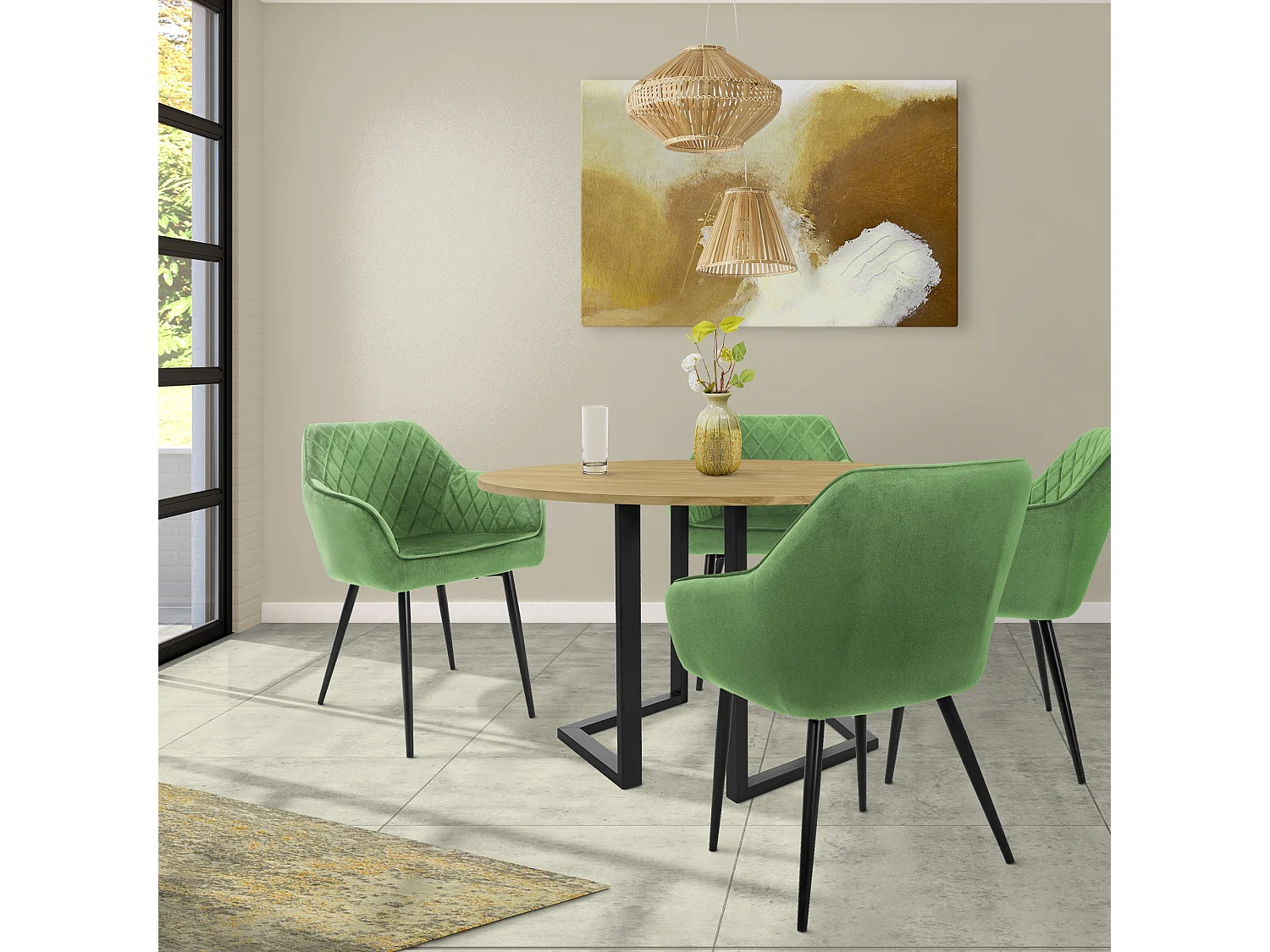 Lot de 2 chaises de salle à manger vert sauge assise dossier et accoudoirs ergonomiques revêtement en velours doux pieds noir en acier design moderne