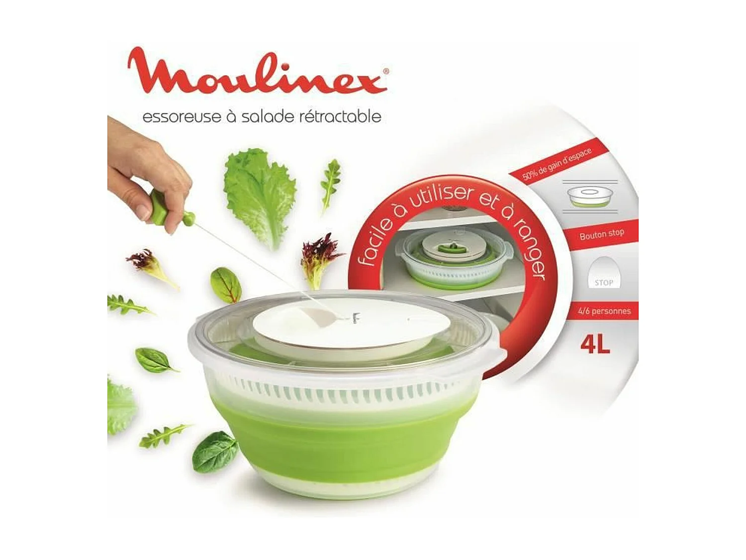 Essoreuse à salade rétractable 4 L antidérapante - Vert-blanc