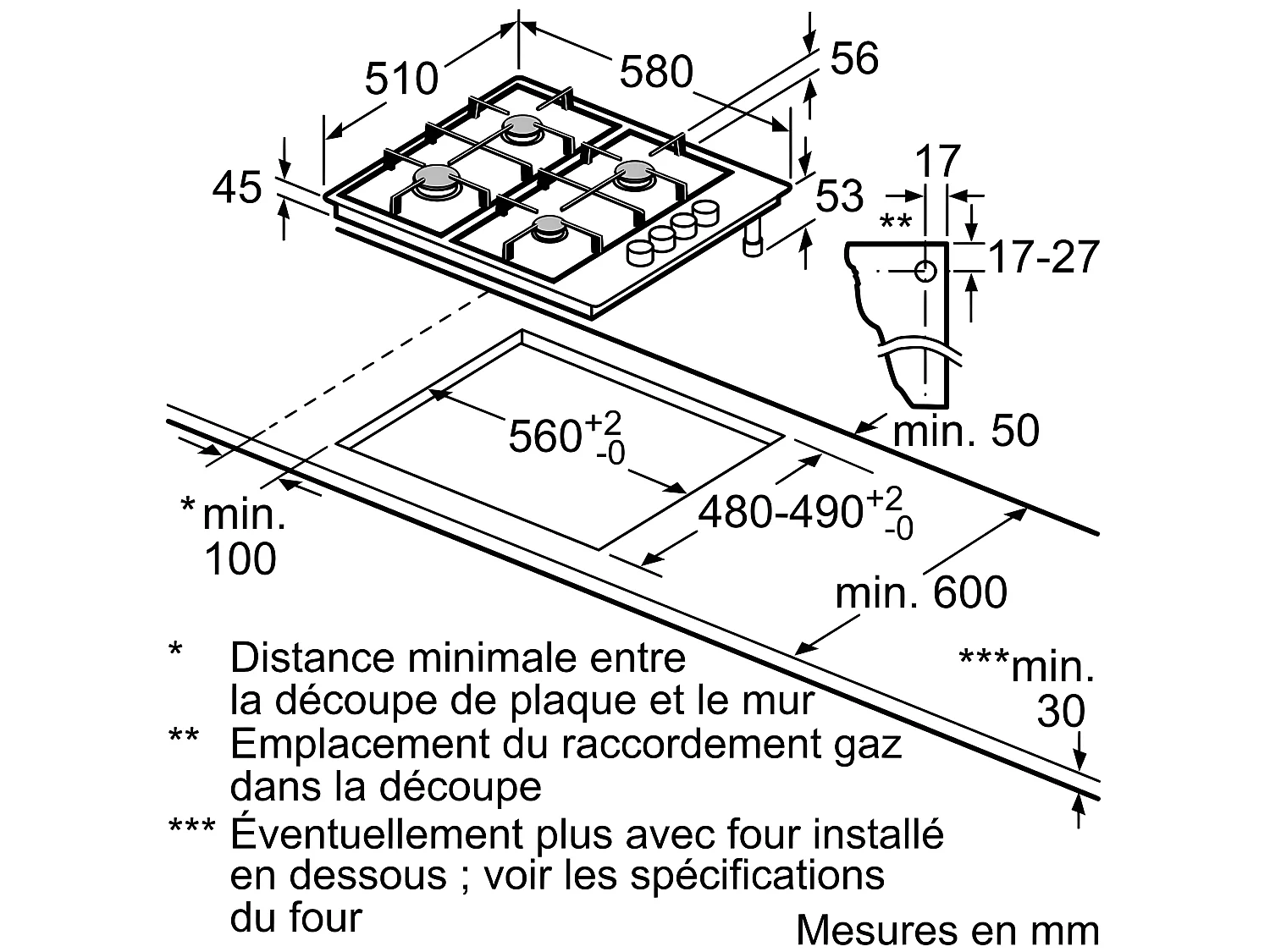 Bosch Table inox gaz 60cm 3 feux - pgc6b5b90