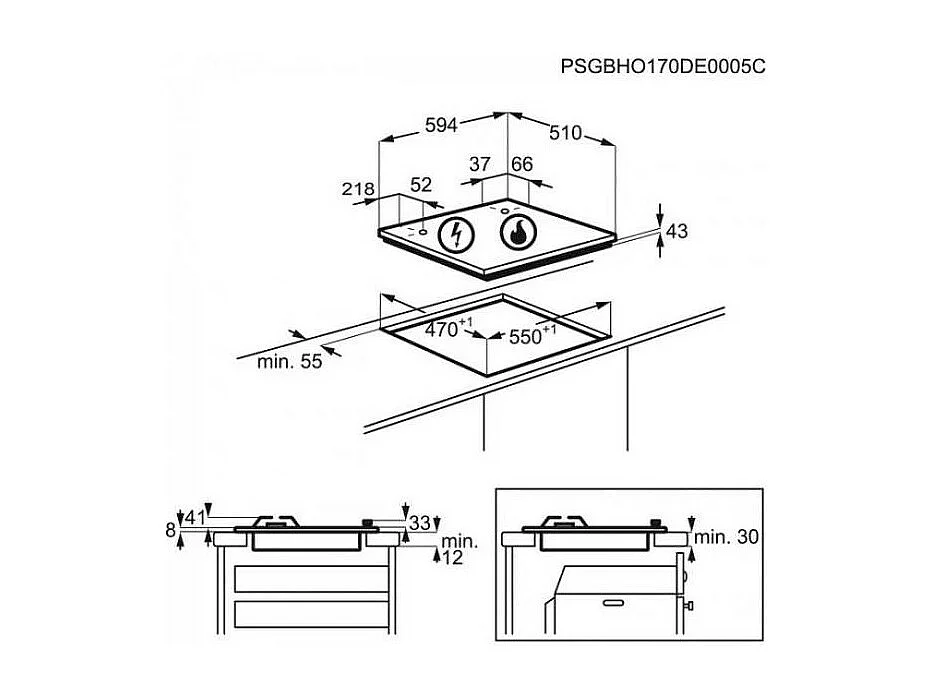 Plaque gaz FAURE 8000W 59cm, FGH62414XA