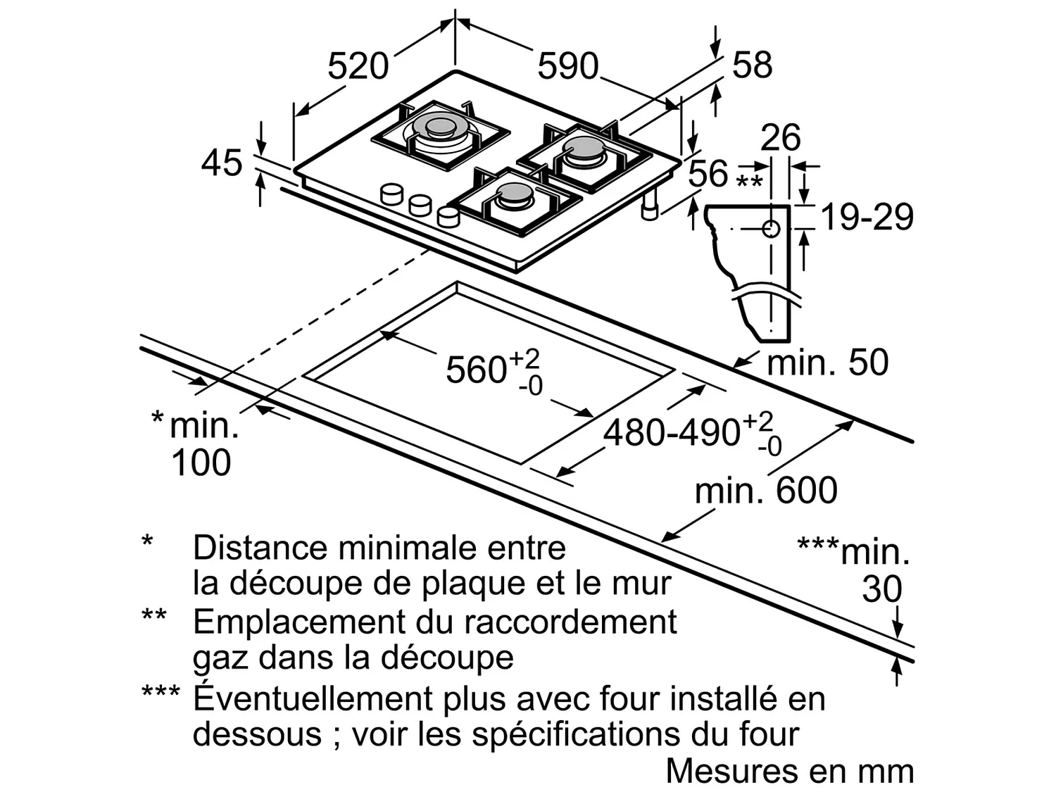 Bosch Table verre gaz 60cm 3 foyers noir - pnc6b6b10