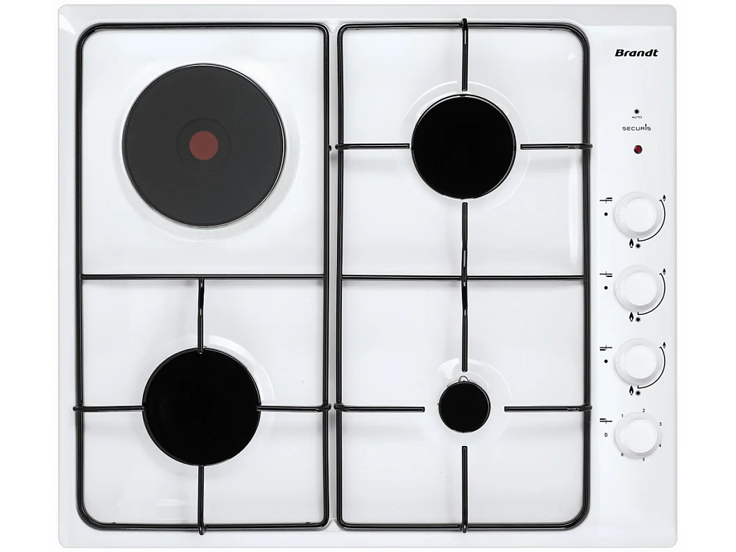 Brandt Table de cuisson mixte gaz et électrique 58cm 4 feux blanc - BPE6411WM