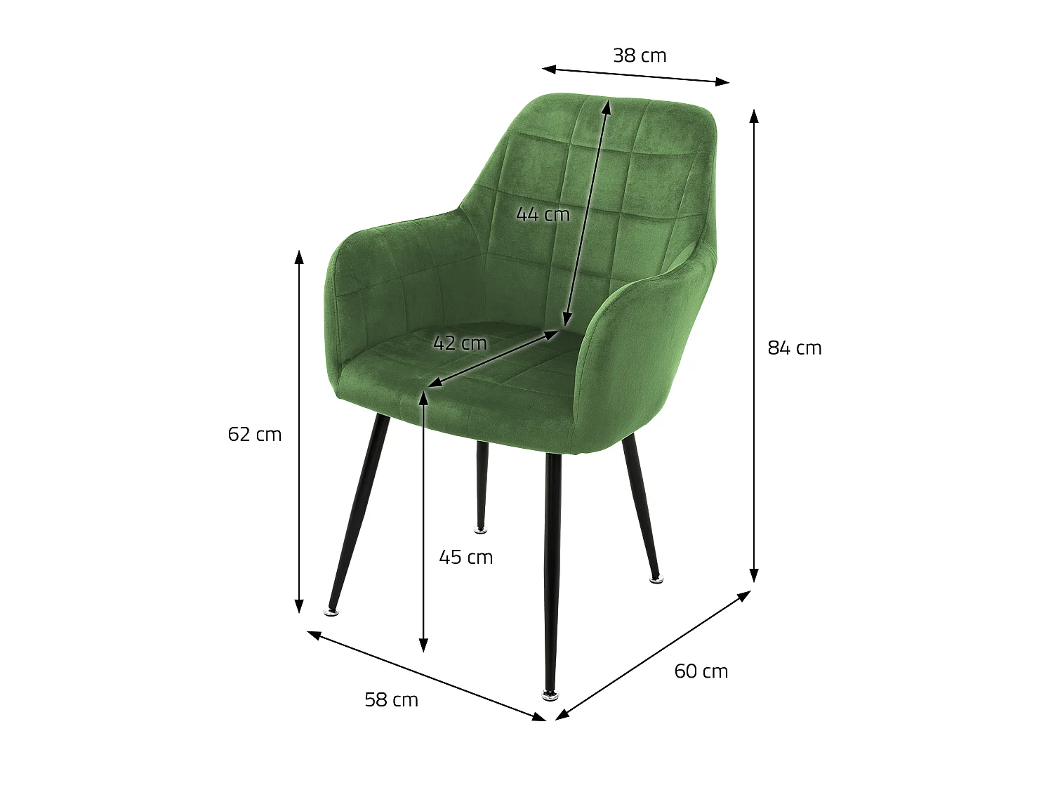 Lot de 4 chaises de salle à manger vert sauge assise dossier et accoudoirs ergonomiques revêtement en velours doux pieds noir en acier style moderne