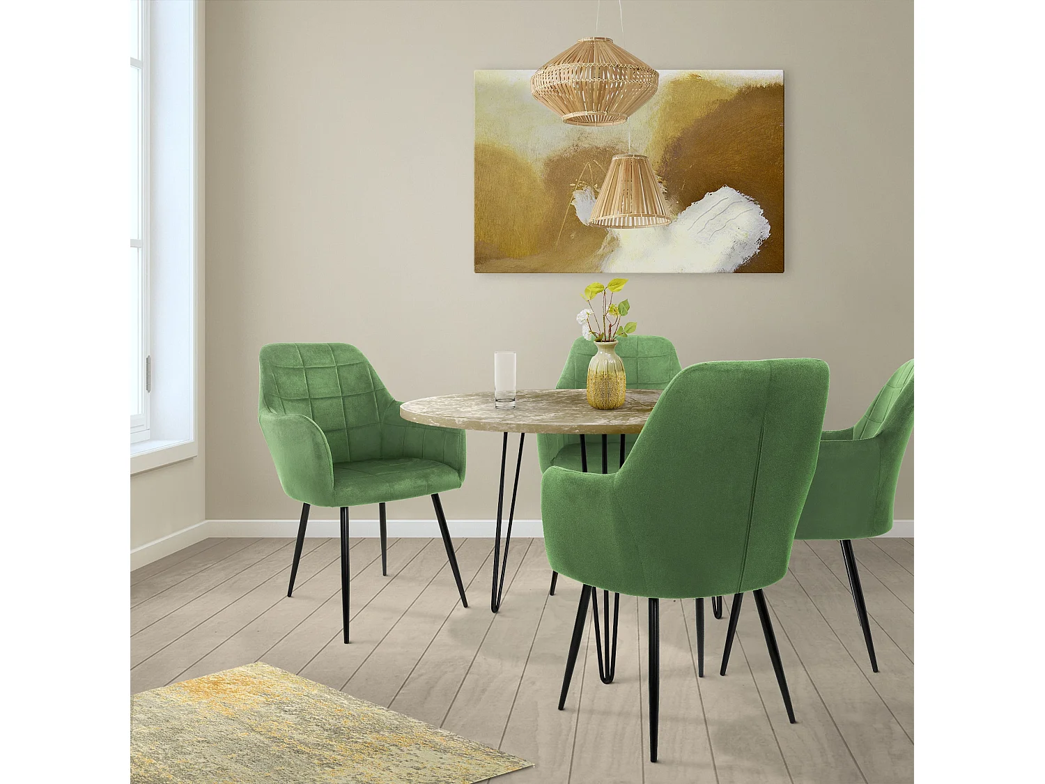 Lot de 4 chaises de salle à manger vert sauge assise dossier et accoudoirs ergonomiques revêtement en velours doux pieds noir en acier style moderne