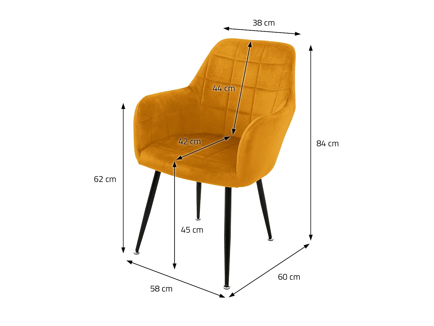 Lot de 4 chaises de salle à manger moutarde assise dossier et accoudoirs ergonomiques revêtement en velours doux pieds noir en acier style moderne