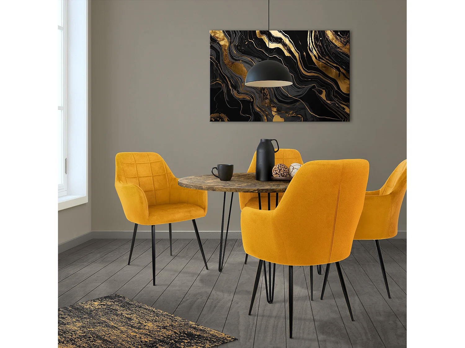 Lot de 4 chaises de salle à manger moutarde assise dossier et accoudoirs ergonomiques revêtement en velours doux pieds noir en acier style moderne
