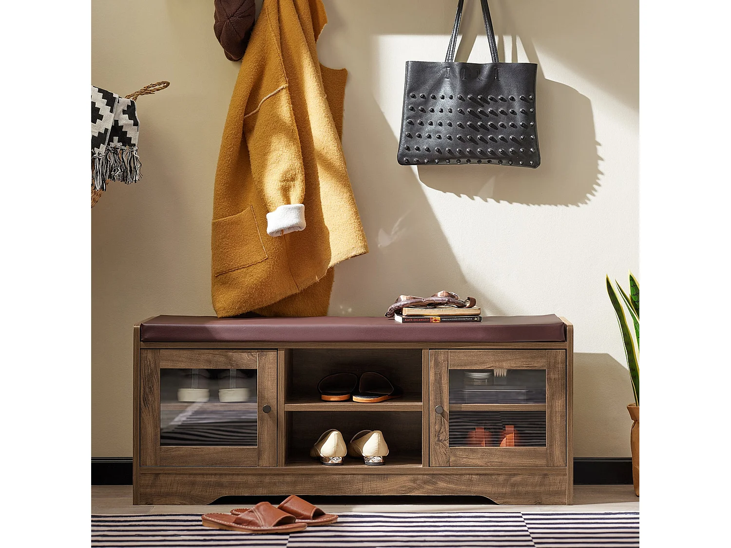 Sobuy Schoenenbank - Schoenenkasten - Schoenenrek met Zitbank - Garderobebank - Vintage - 2 Deuren - 2 Niveaus - 105 x 35 x 43 cm - FSR122-N