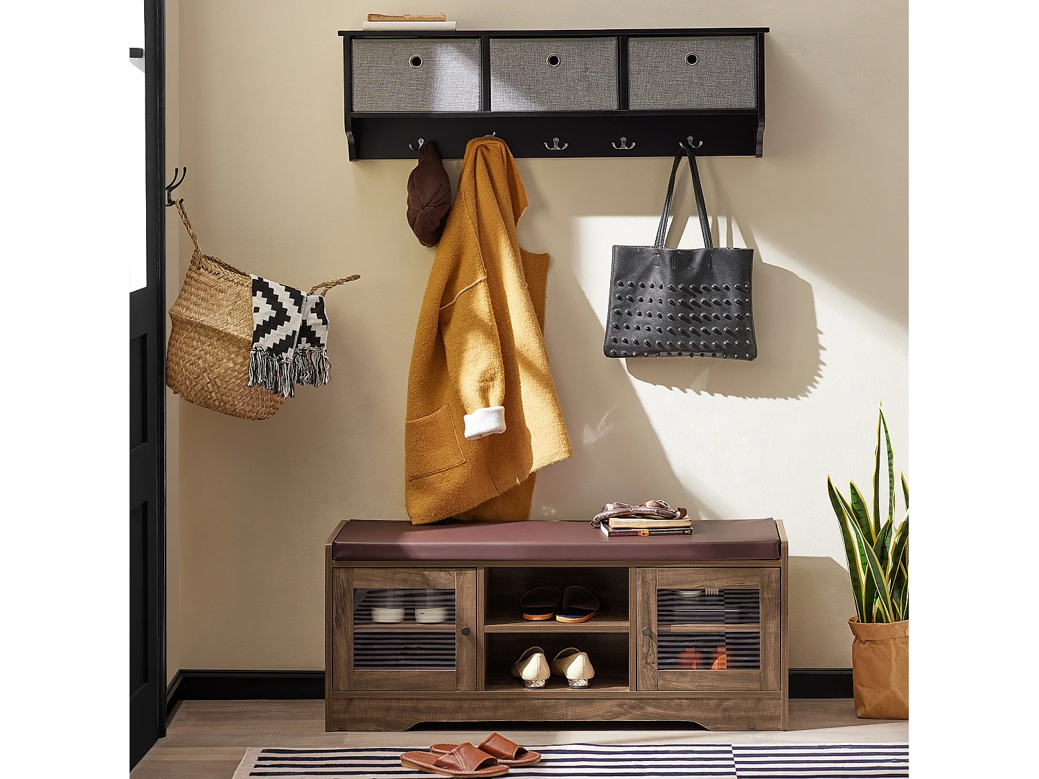 Sobuy Schoenenbank - Schoenenkasten - Schoenenrek met Zitbank - Garderobebank - Vintage - 2 Deuren - 2 Niveaus - 105 x 35 x 43 cm - FSR122-N