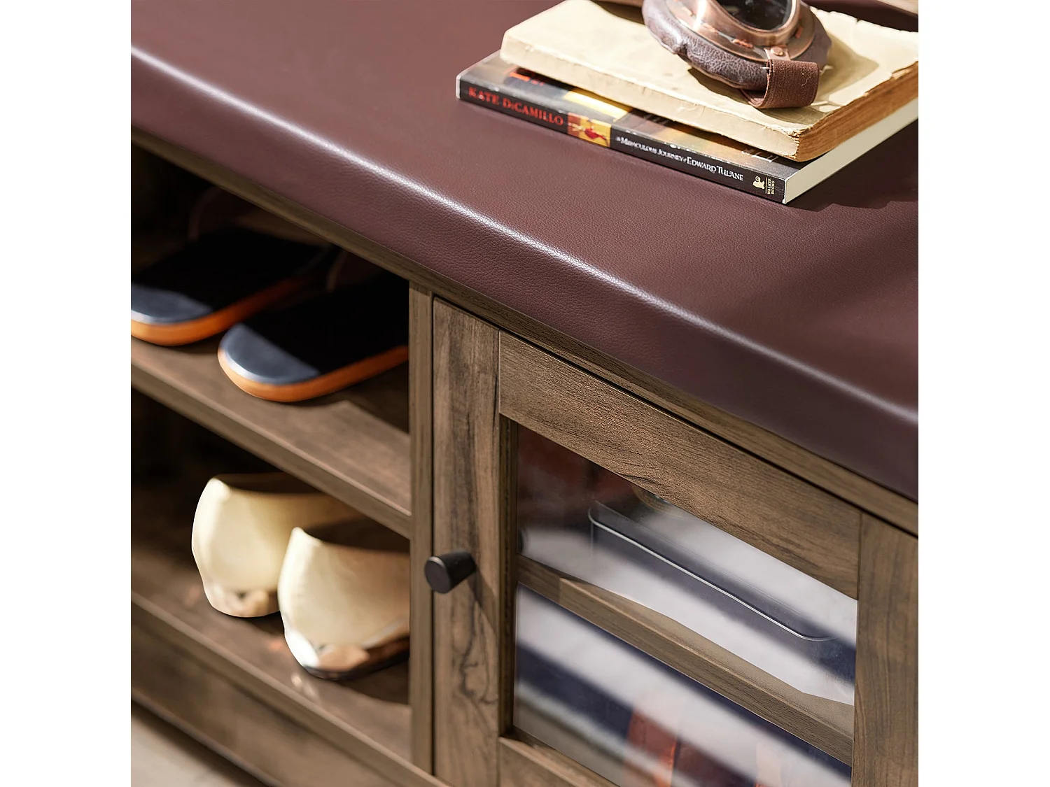 Sobuy Schoenenbank - Schoenenkasten - Schoenenrek met Zitbank - Garderobebank - Vintage - 2 Deuren - 2 Niveaus - 105 x 35 x 43 cm - FSR122-N