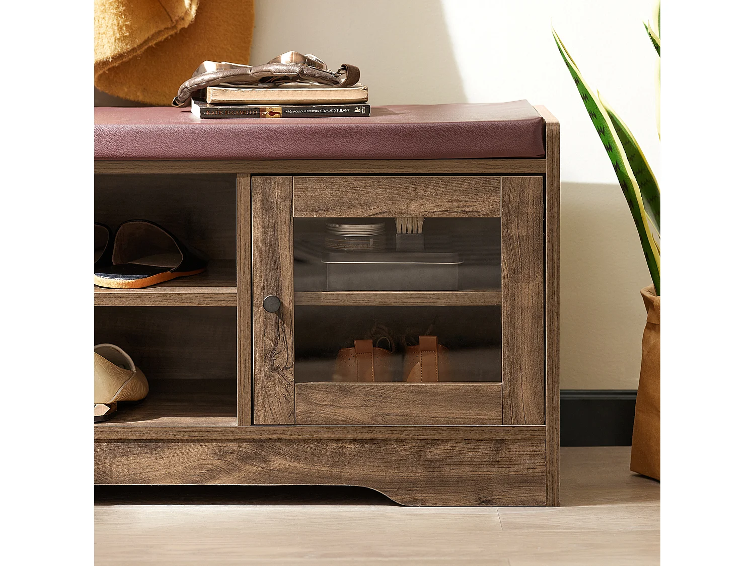 Sobuy Schoenenbank - Schoenenkasten - Schoenenrek met Zitbank - Garderobebank - Vintage - 2 Deuren - 2 Niveaus - 105 x 35 x 43 cm - FSR122-N