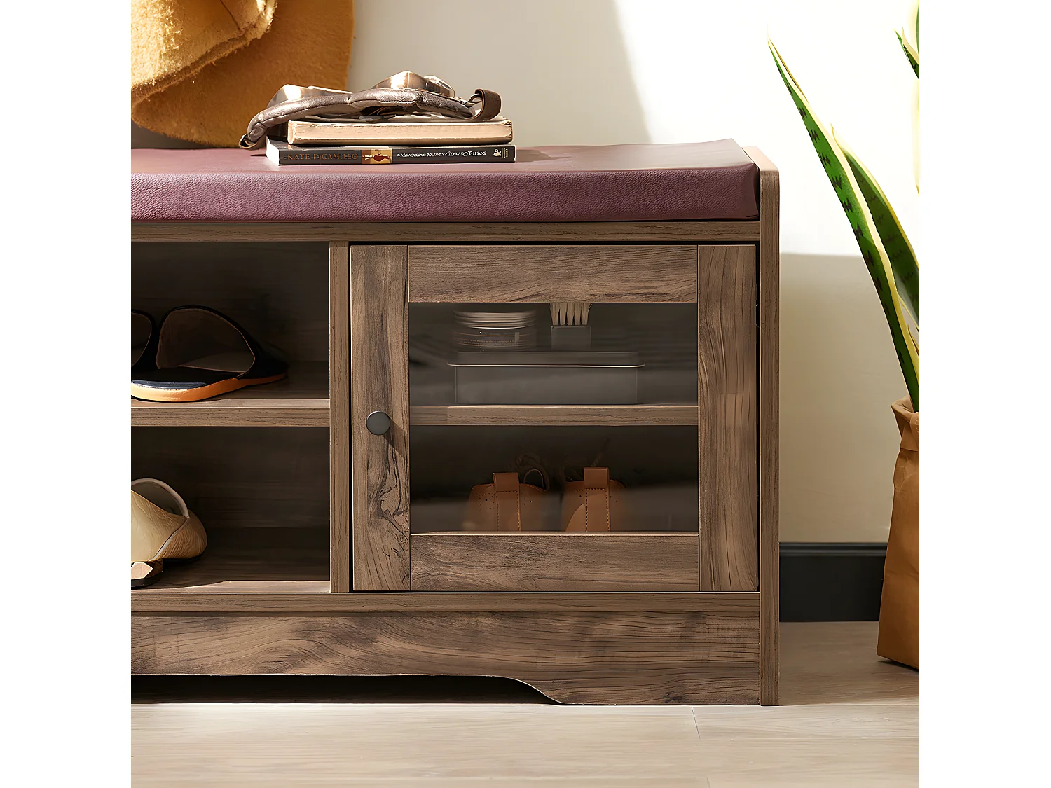 Sobuy Schoenenbank - Schoenenkasten - Schoenenrek met Zitbank - Garderobebank - Vintage - 2 Deuren - 2 Niveaus - 105 x 35 x 43 cm - FSR122-N