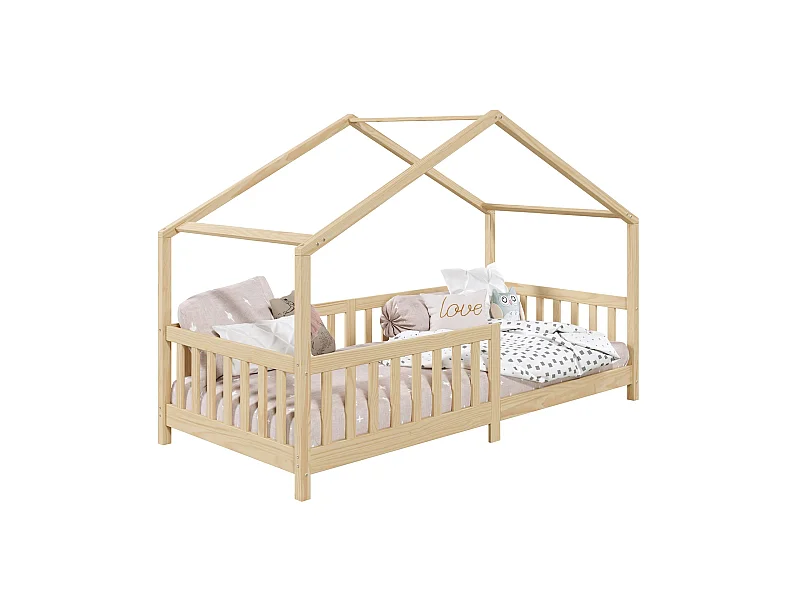 Lit cabane enfant 90x190 cm LISAN lit Simple montessori avec Barrières de Protection en Bois Massif finition naturelle
