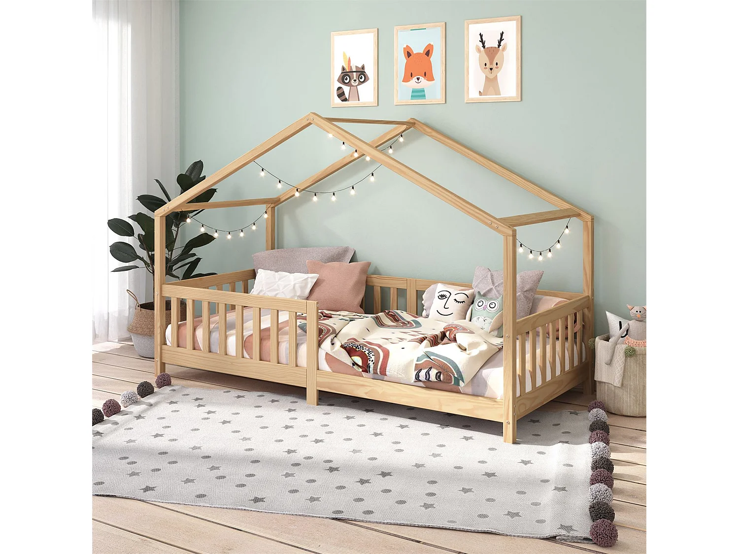 Lit cabane enfant 90x190 cm LISAN lit Simple montessori avec Barrières de Protection en Bois Massif finition naturelle