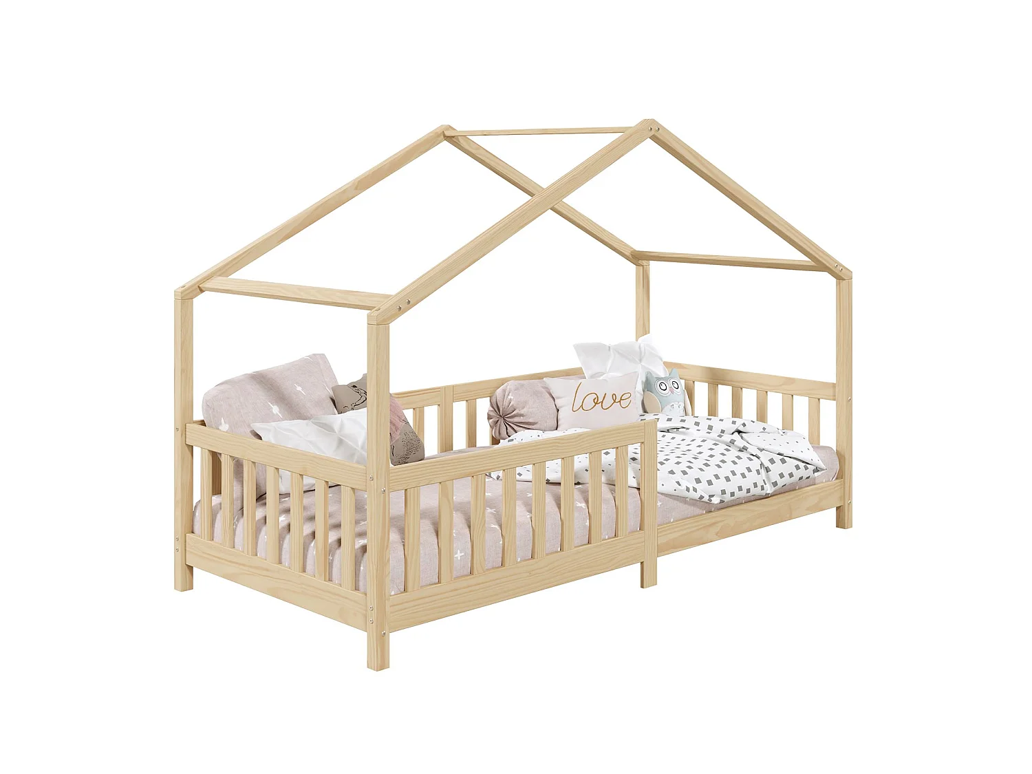Lit cabane enfant 90x190 cm LISAN lit Simple montessori avec Barrières de Protection en Bois Massif finition naturelle