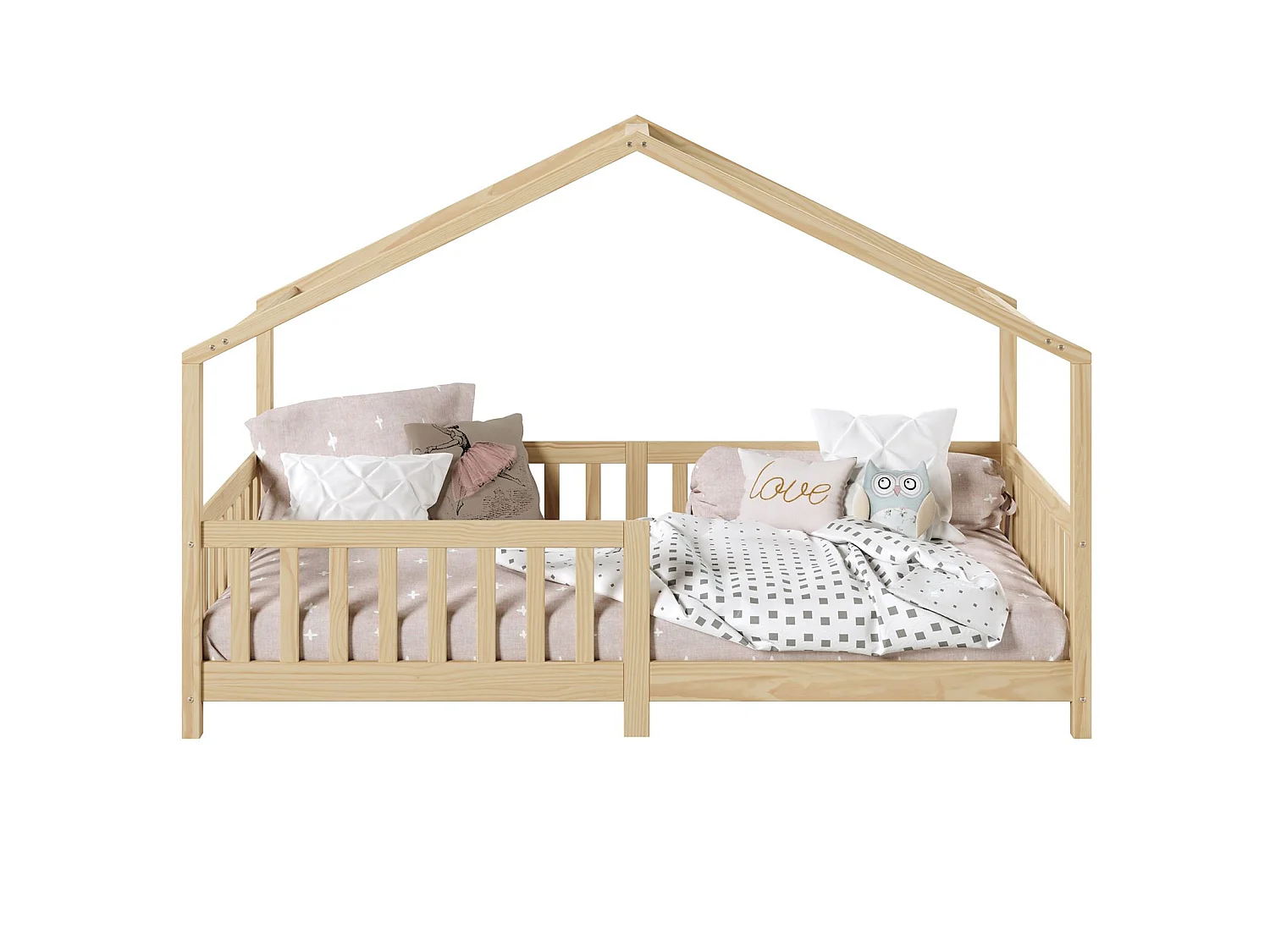 Lit cabane enfant 90x190 cm LISAN lit Simple montessori avec Barrières de Protection en Bois Massif finition naturelle