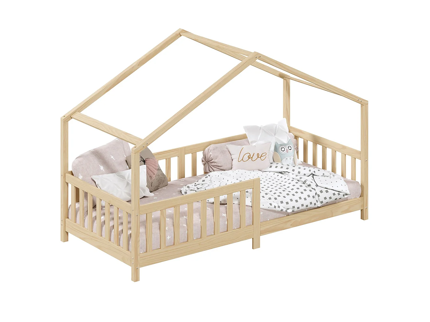 Lit cabane enfant 90x190 cm LISAN lit Simple montessori avec Barrières de Protection en Bois Massif finition naturelle