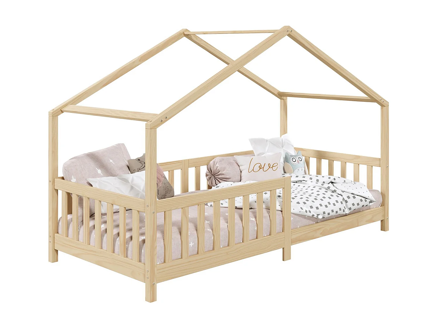 Lit cabane enfant 90x190 cm LISAN lit Simple montessori avec Barrières de Protection en Bois Massif finition naturelle