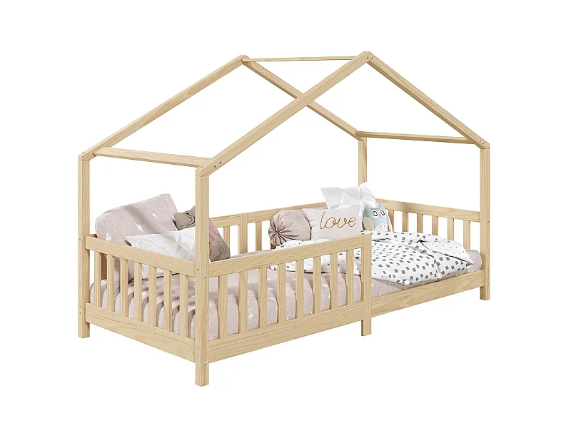 Lit cabane enfant 90x190 cm LISAN lit Simple montessori avec Barrières de Protection en Bois Massif finition naturelle