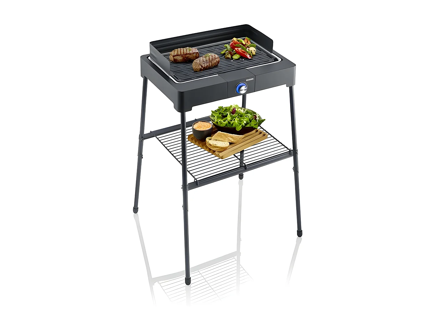 - PG8568 - Barbecue sur pieds électrique, 2 200 W, grille en fonte d'aluminium, bac a eau réducteur de fumée