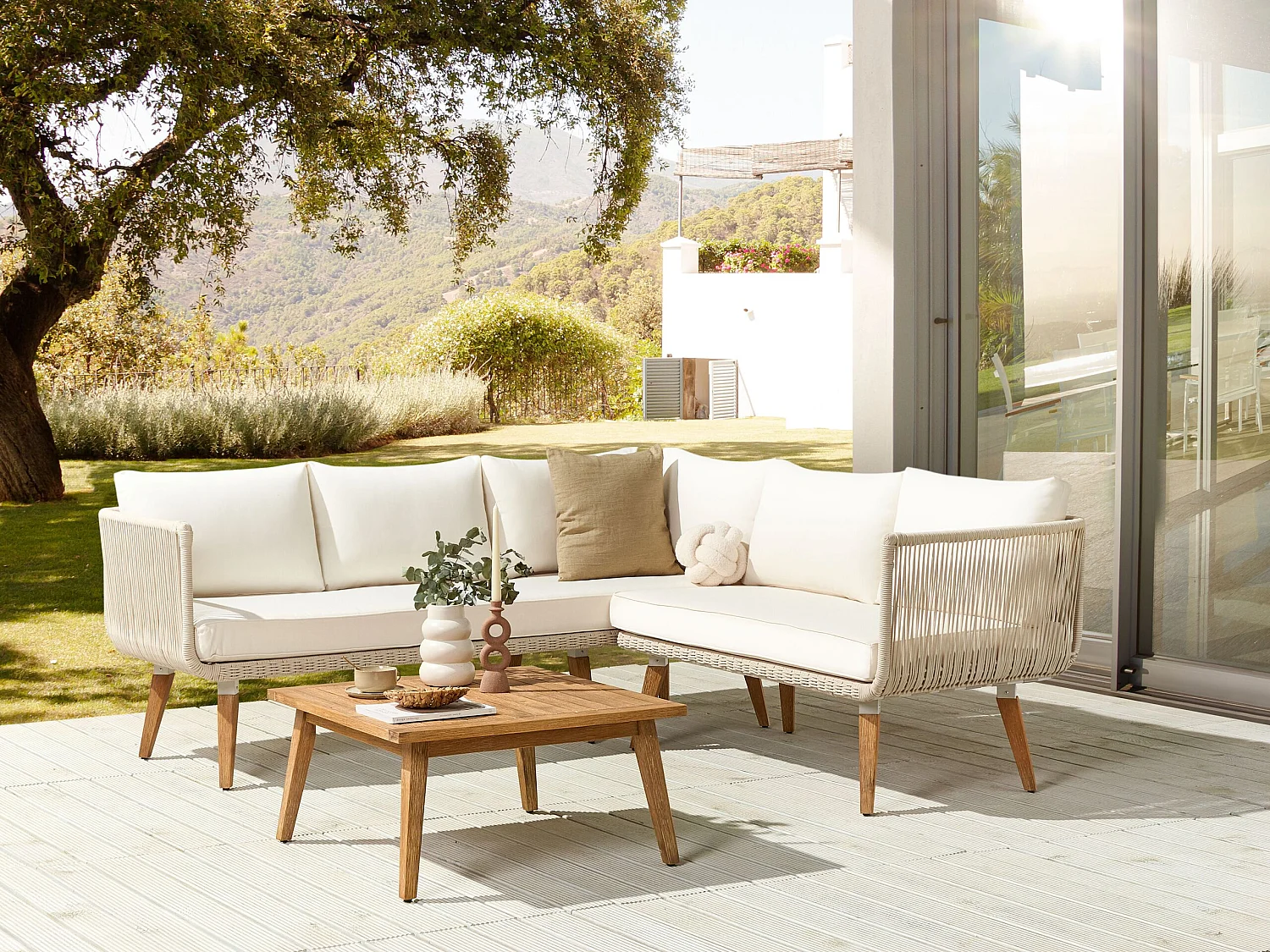 Garten Ecksofa mit Tisch 5-Sitzer ALCAMO linksseitig Akazienholz Hellbeige