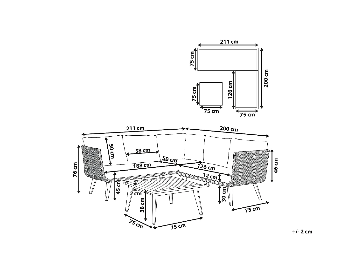 Garten Ecksofa mit Tisch 5-Sitzer ALCAMO linksseitig Akazienholz Hellbeige