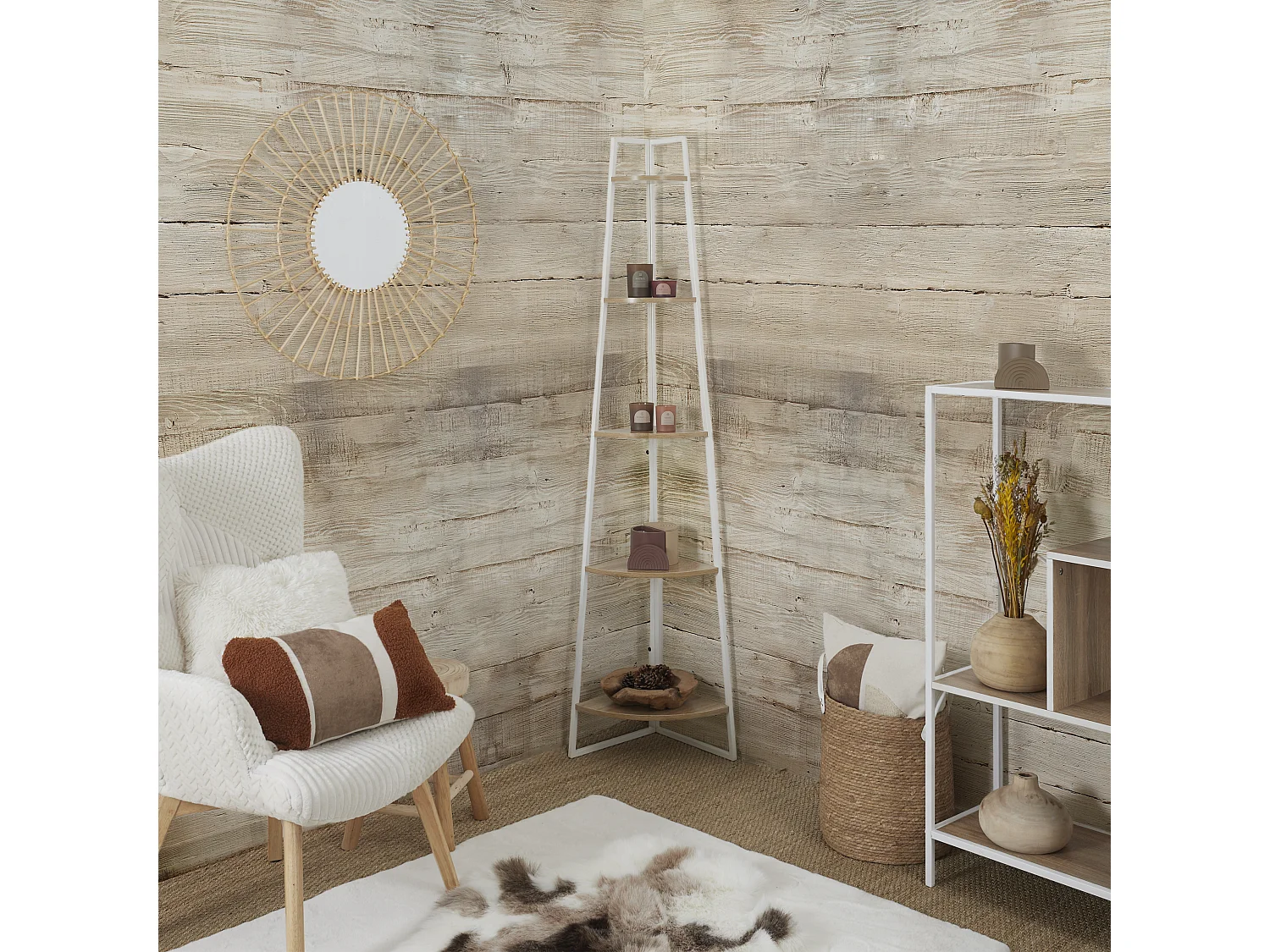 Etagere Angle 5 Niveaux Bois Et Metal Blanc Blanc, Marron