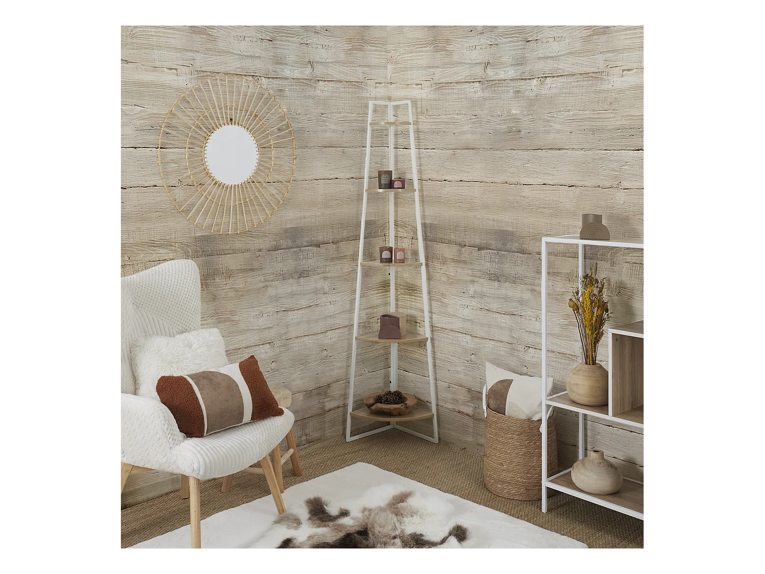 Etagere Angle 5 Niveaux Bois Et Metal Blanc Blanc, Marron