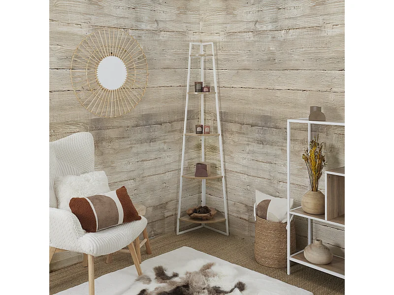Etagere Angle 5 Niveaux Bois Et Metal Blanc Blanc, Marron