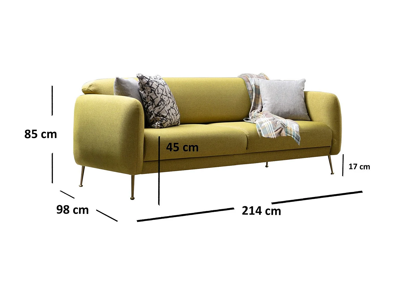 Sofá Altadena 192, Amarillo, 214x98x85cm, Tapiz, Patas: Metal