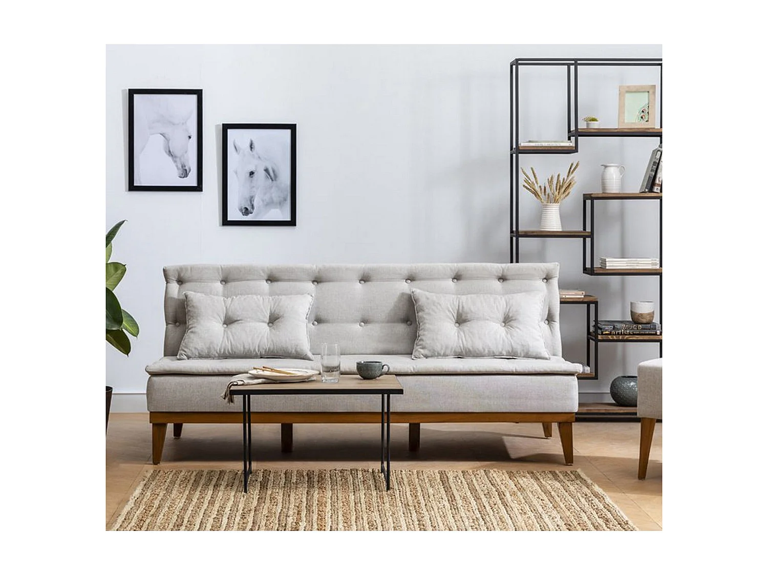 Canapé 3 places convertible Mahury Bois massif et Tissu Blanc crème