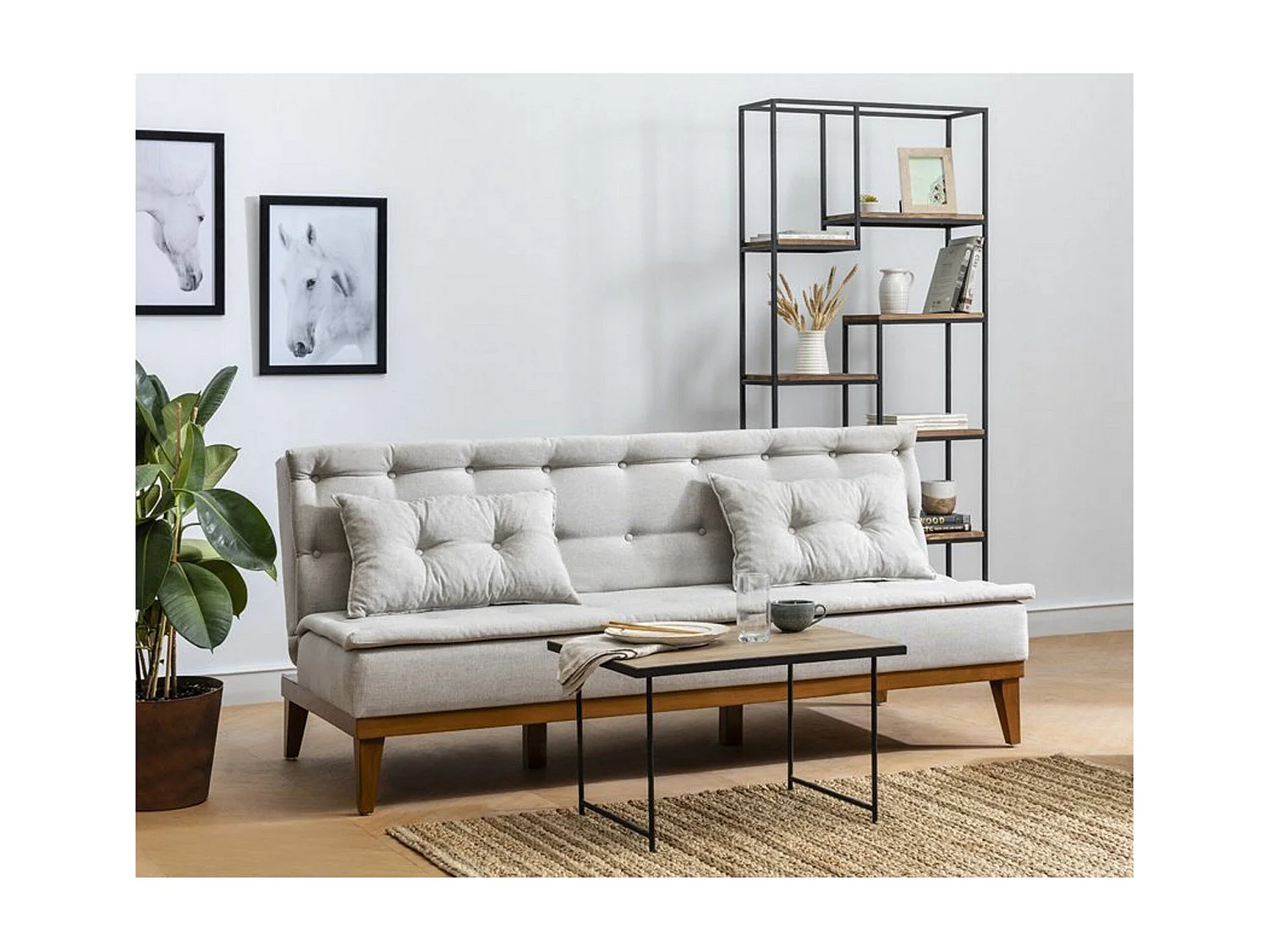 Canapé 3 places convertible Mahury Bois massif et Tissu Blanc crème