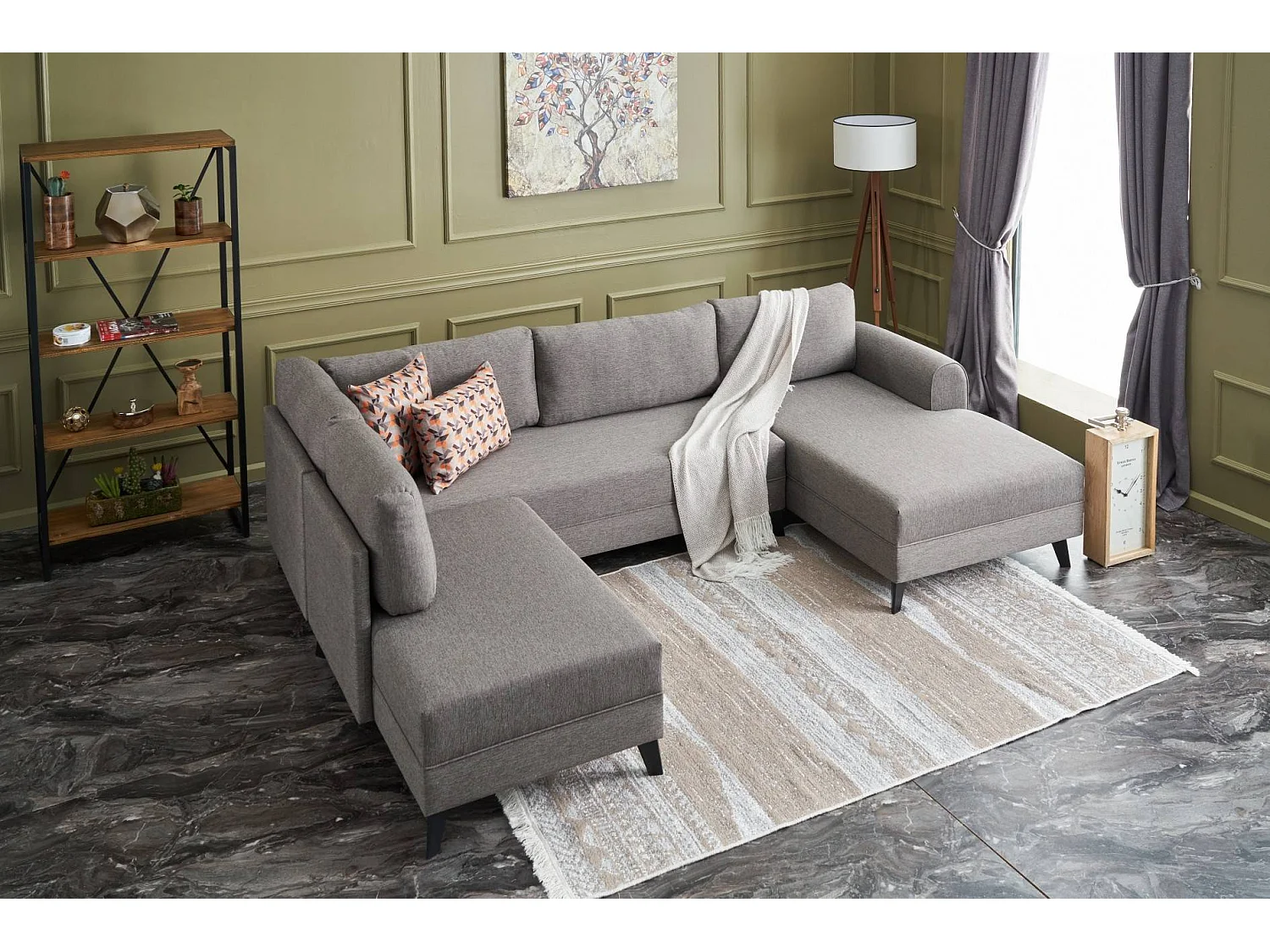 Canapé panoramique d'angle convertible Lalardie Tissu Marron