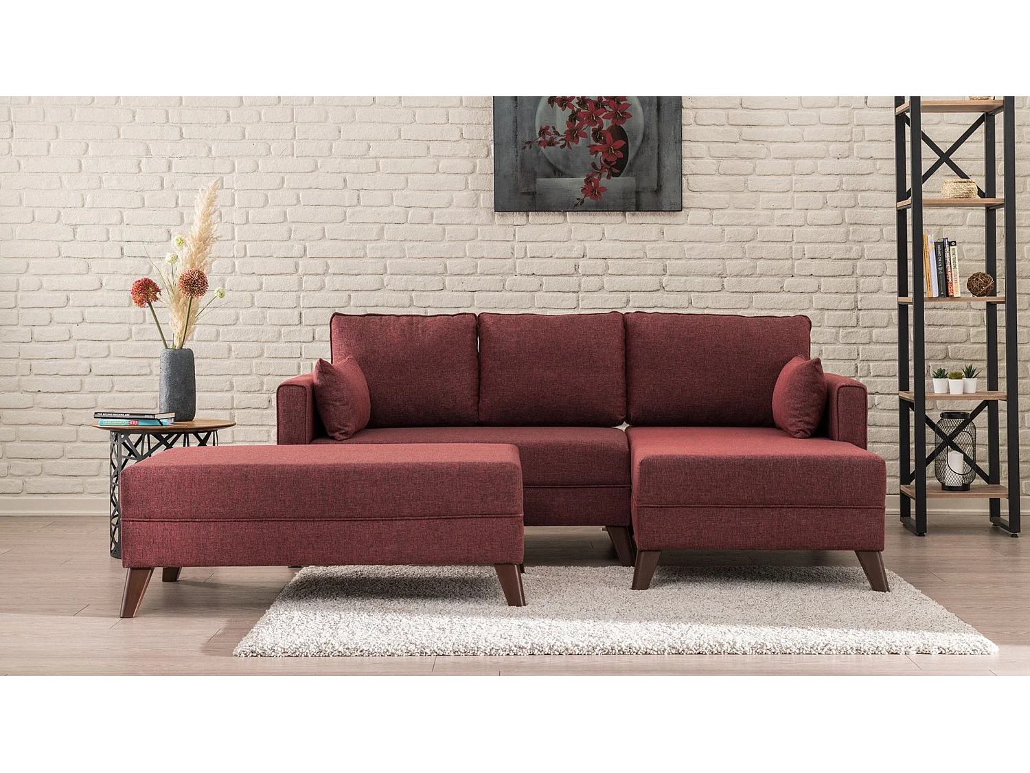 Canapé d'angle à droite convertible avec pouf Hermoso Tissu bordeaux