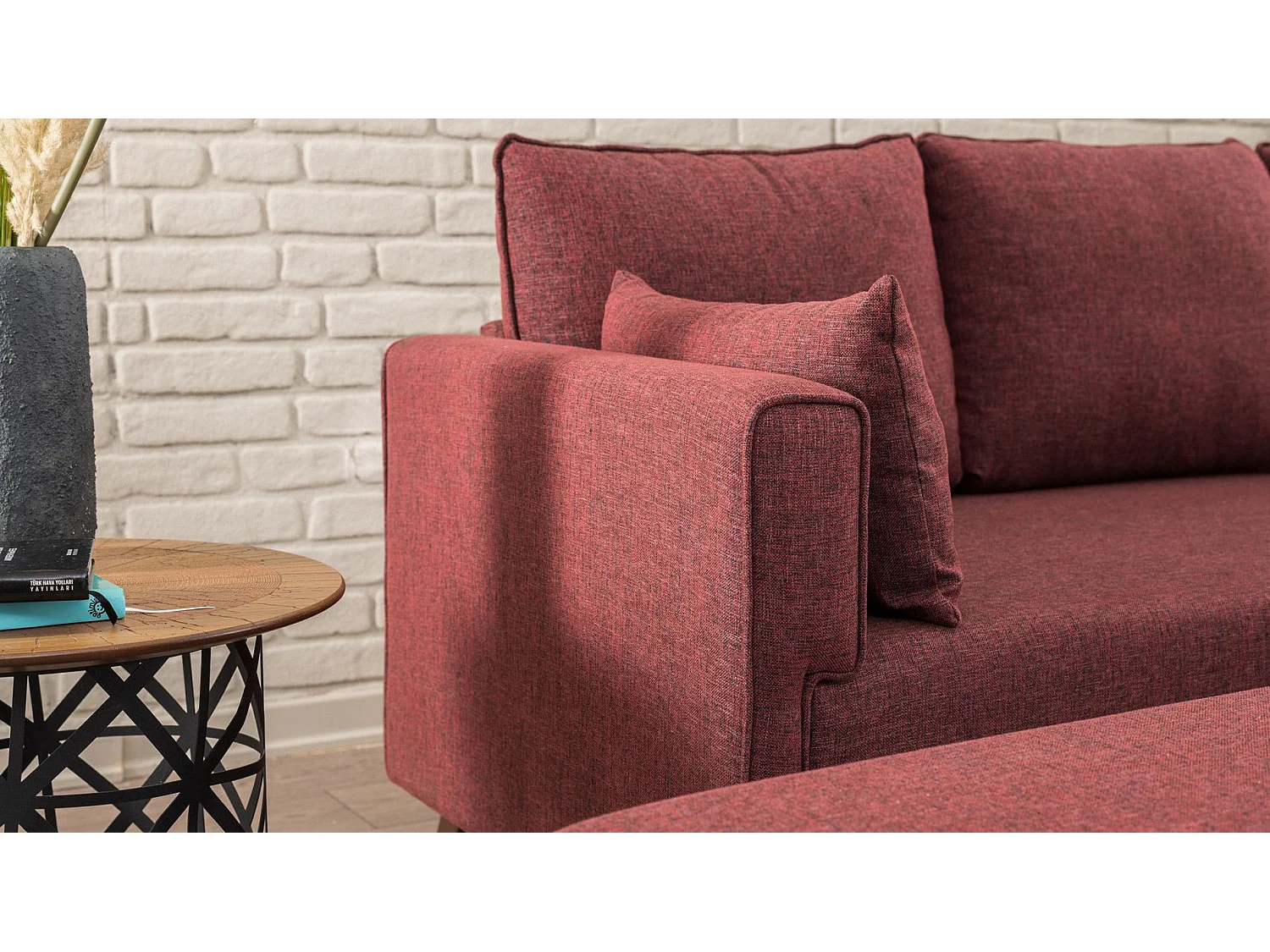 Canapé d'angle à droite convertible avec pouf Hermoso Tissu bordeaux
