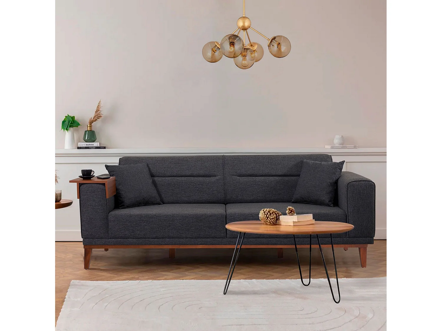 Canapé 3 places convertible et table d'appoint Agios Tissu Anthracite