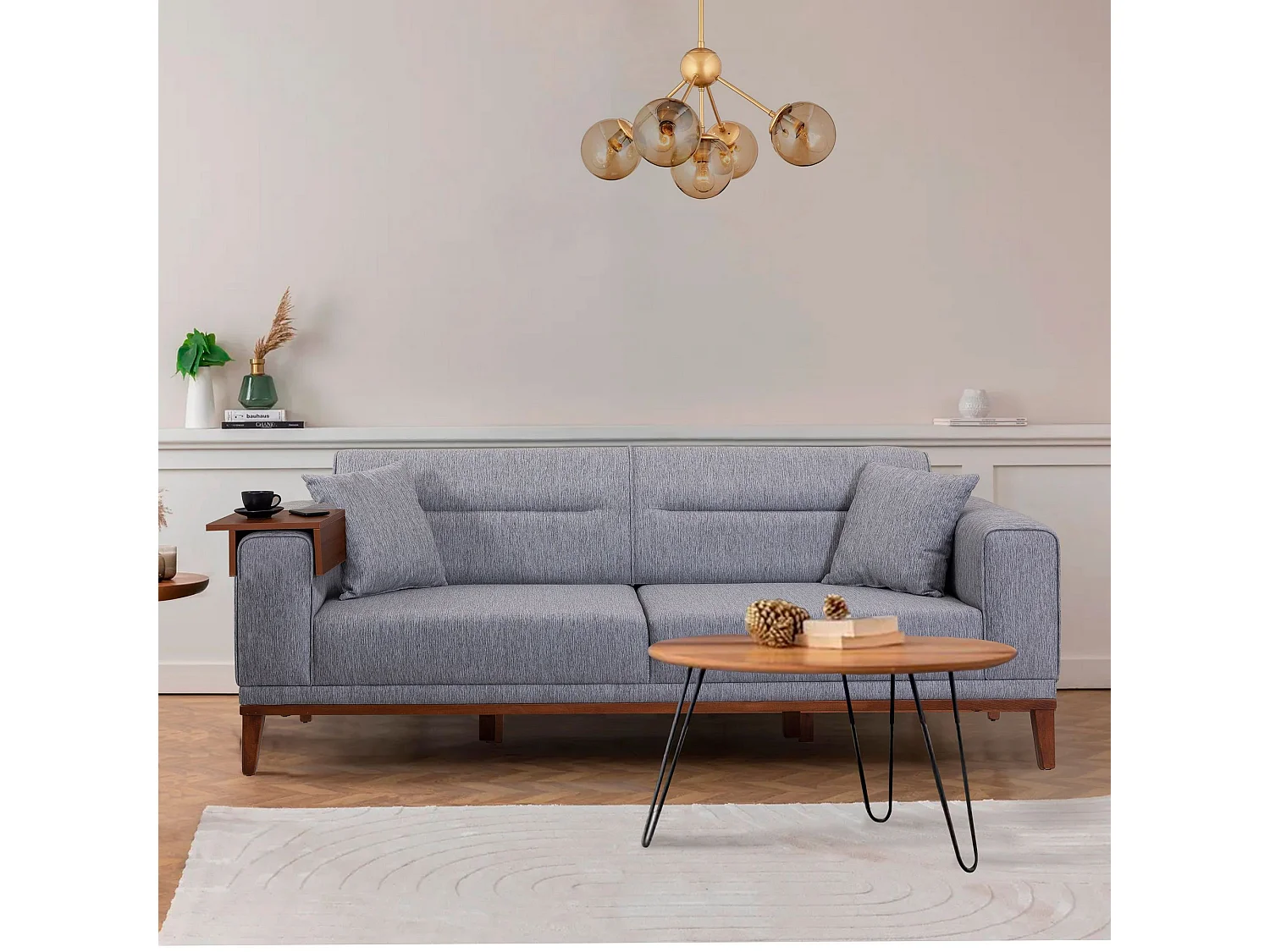 Canapé 3 places convertible et table d'appoint Agios Tissu Gris