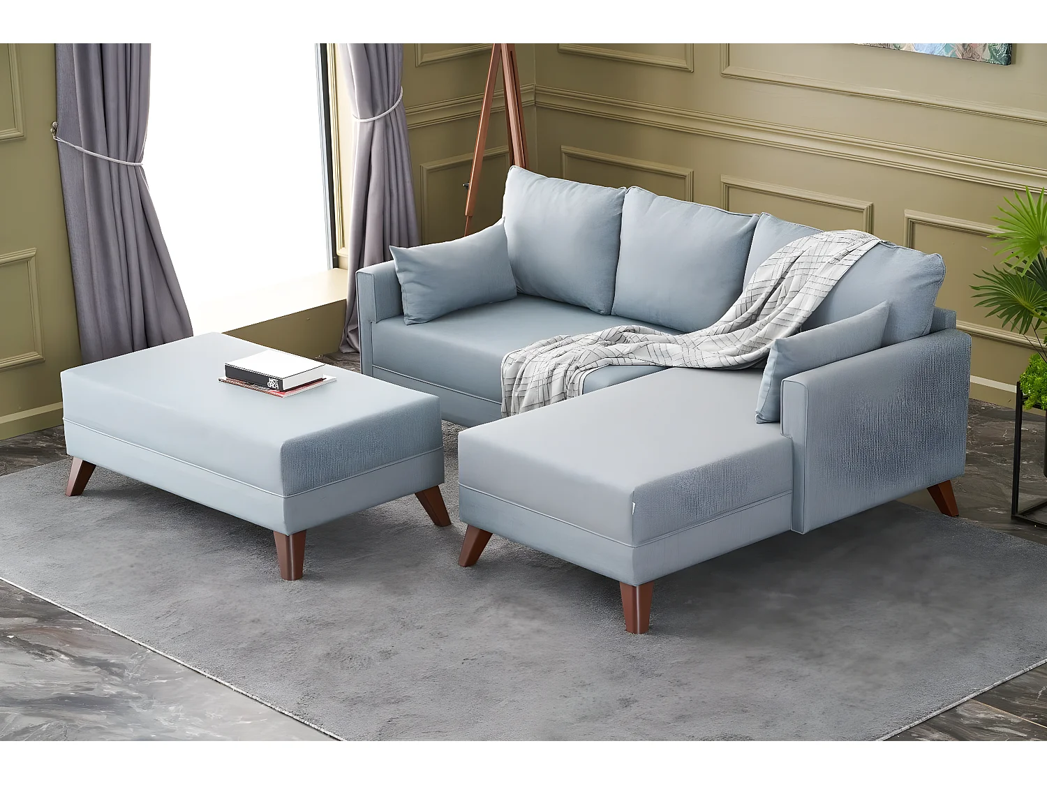 Canapé d'angle à droite convertible avec pouf Hermoso Tissu Bleu