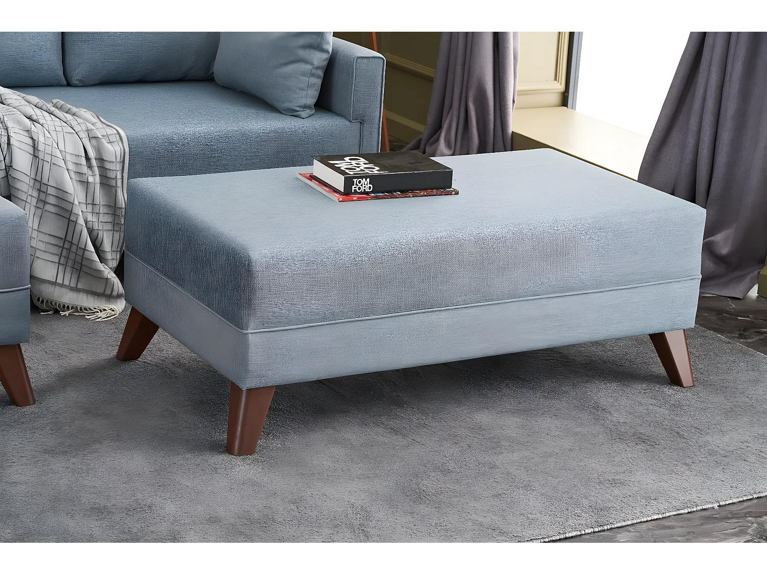 Canapé d'angle à droite convertible avec pouf Hermoso Tissu Bleu