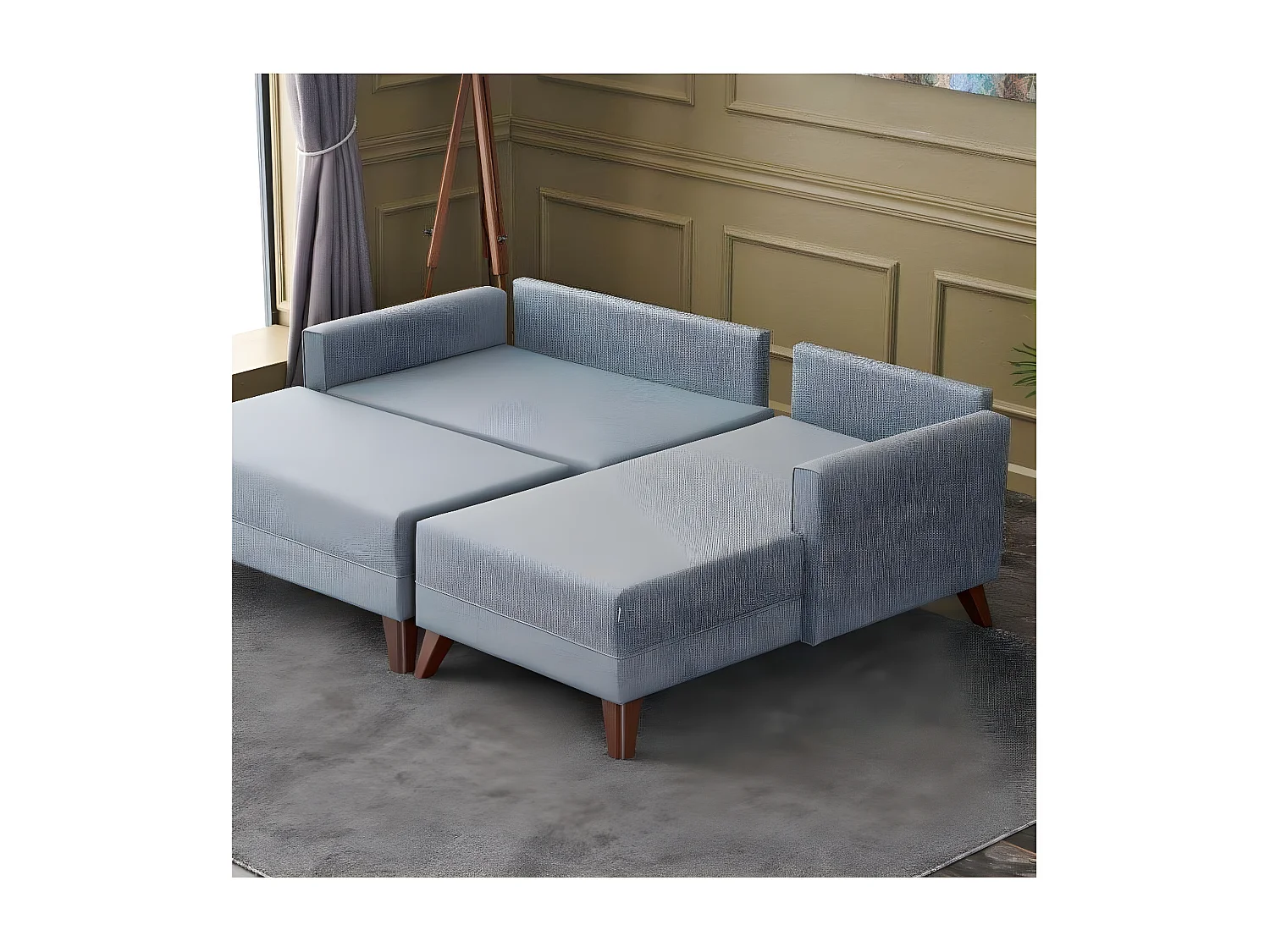 Canapé d'angle à droite convertible avec pouf Hermoso Tissu Bleu