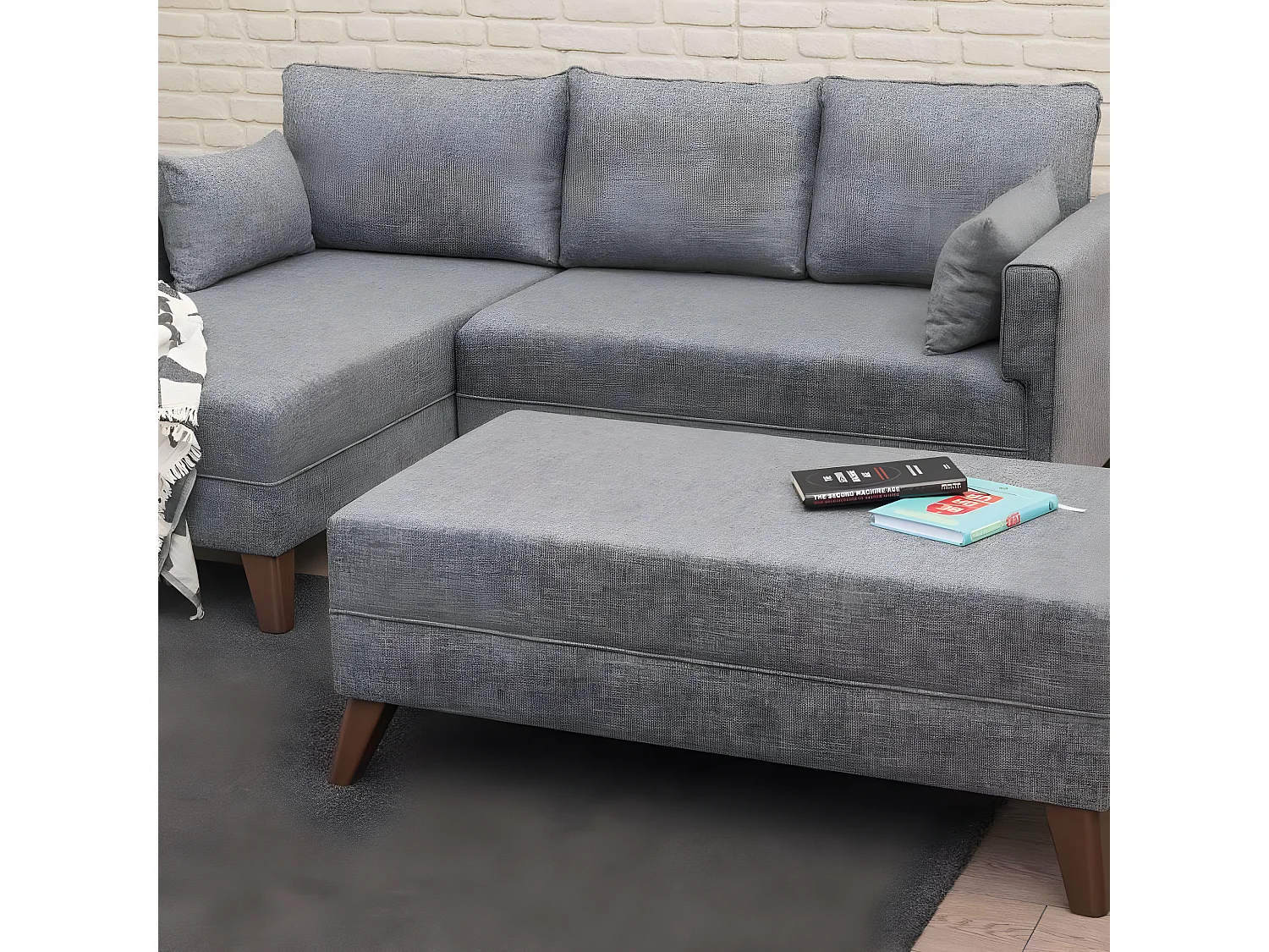 Canapé d'angle gauche convertible avec pouf Hermoso Tissu Gris