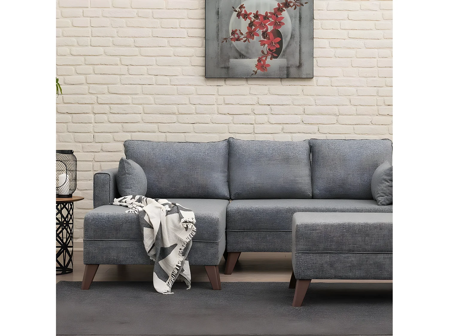 Canapé d'angle gauche convertible avec pouf Hermoso Tissu Gris