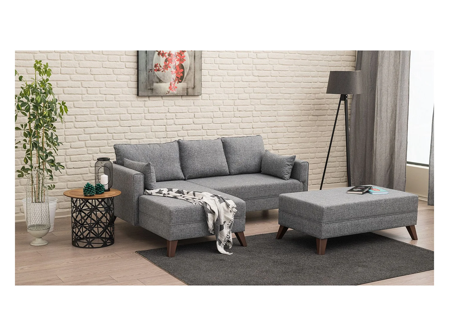 Canapé d'angle gauche convertible avec pouf Hermoso Tissu Gris