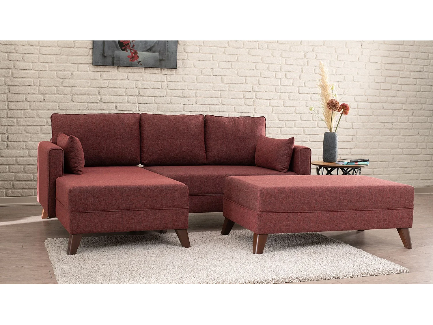 Canapé d'angle gauche convertible avec pouf Hermoso Tissu bordeaux