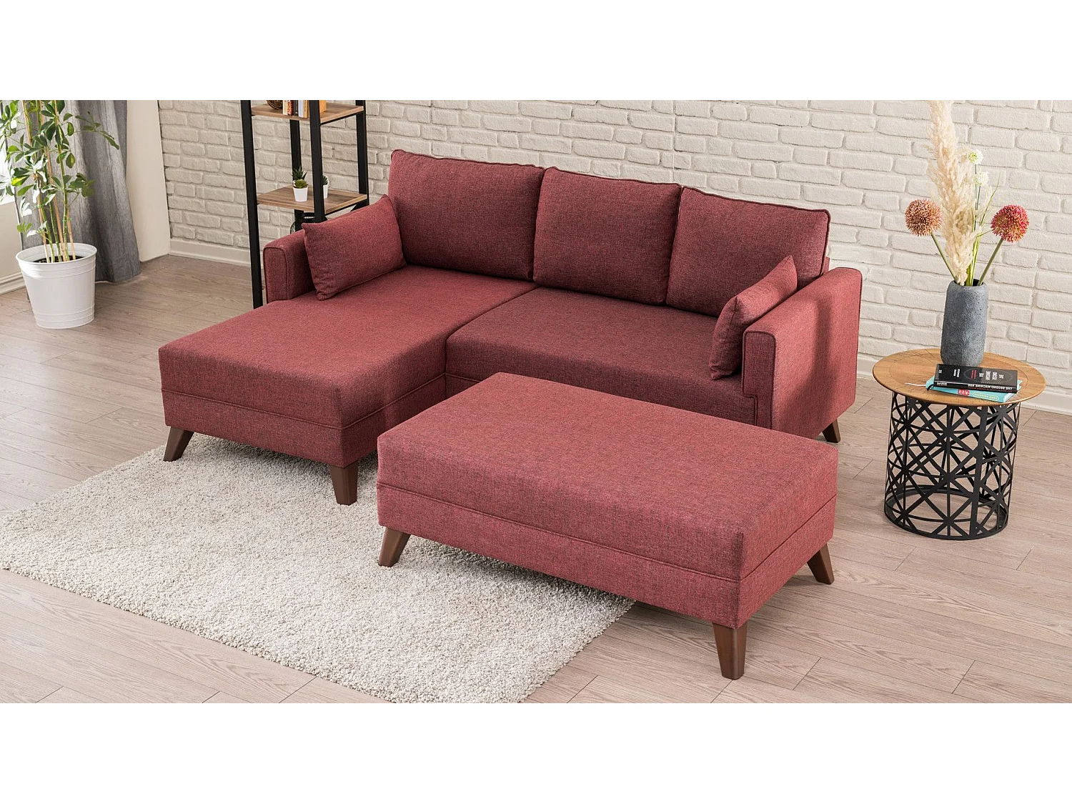 Canapé d'angle gauche convertible avec pouf Hermoso Tissu bordeaux