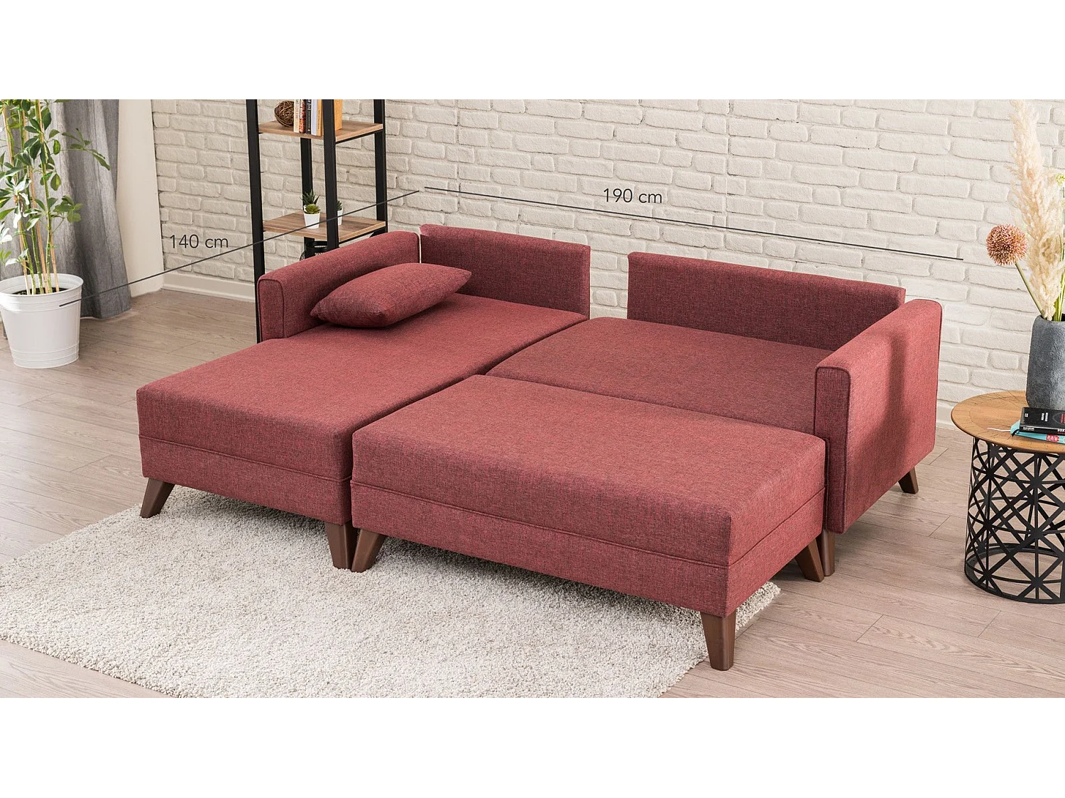 Canapé d'angle gauche convertible avec pouf Hermoso Tissu bordeaux